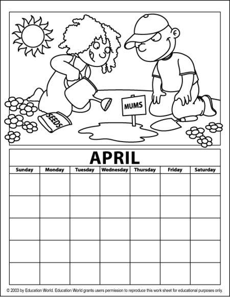 April Blank Calendar Kids