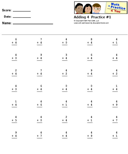 Math Practice 4 You : Adding 4 Practice Sheet #1 | Education World