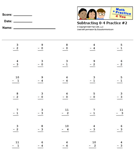 Math Practice 4 You Printable Work Sheets: Math Facts: Subtracting 0-4 ...