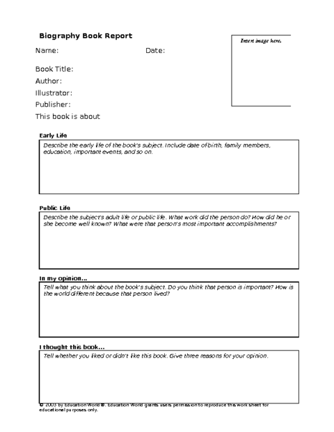 biography book report template for 2nd grade